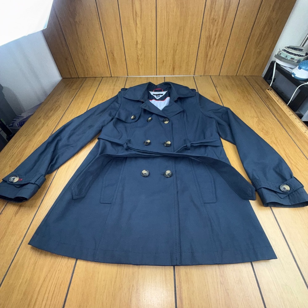 Tommy Hilfiger Womens Navy Blue Double Breasted Belted Trench Coat Size M